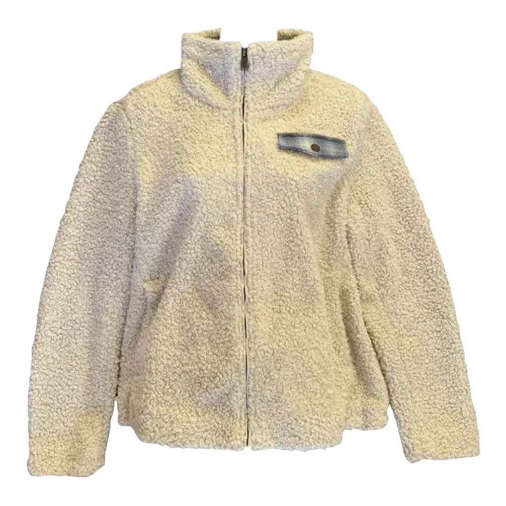 Pendleton Cream Sherpa Flannel Trim Full Zipper Teddy Coat Women’s Large - Picture 2 of 16